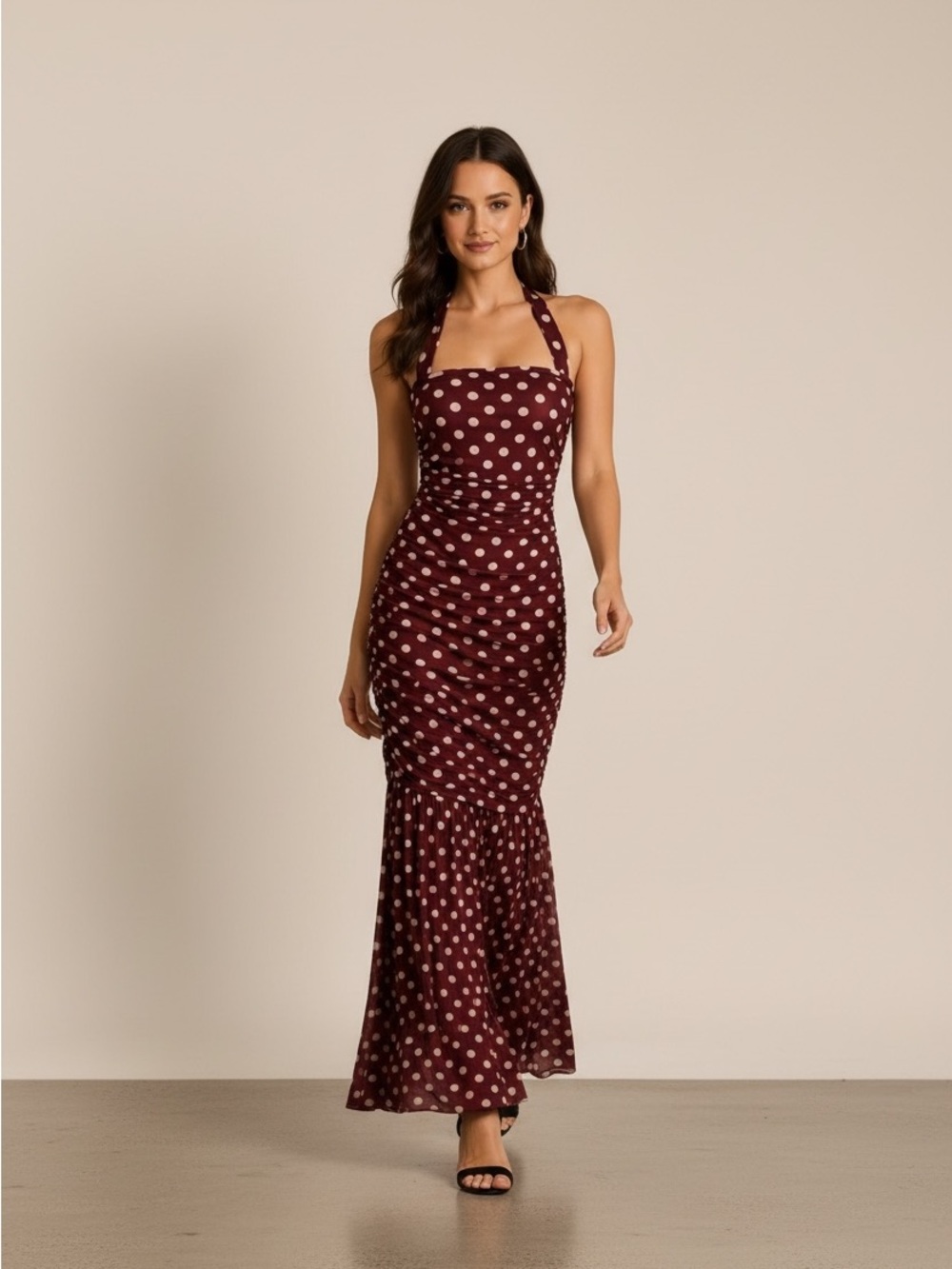 AFRM Burgundy Polka Dot Halter Mermaid Maxi Dress